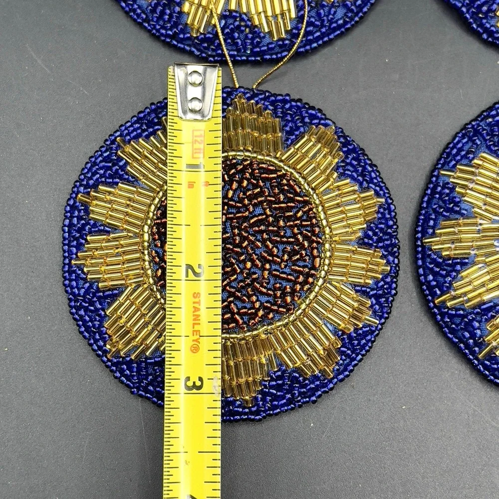 Sparkling Golden Sunflower Seed Bead Ornaments Blue Satin Fabric  3